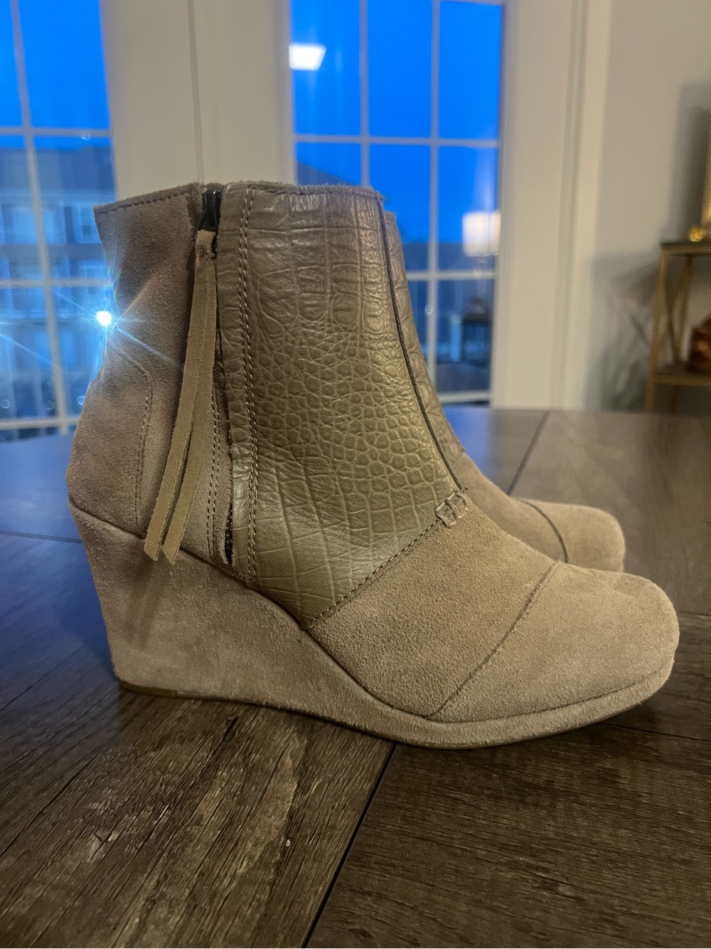 Tom’s Taupe  Desert Wedge Booties Size 8.5
